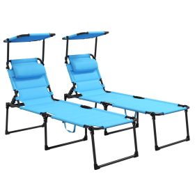 Outsunny 2 Pcs Outdoor Lounge Chair, Adjustable Backrest Folding Chaise Lounge, Cushioned Tanning Chair w/Sunshade Roof & Pillow Headrest for Bea (Color: as Pic)