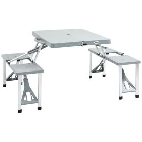 Outsunny Folding Picnic Table with Seats and Umbrella Hole, Portable Camping Chairs Set, 4-Seat, Aluminum Frame, Gray (Color: as Pic)