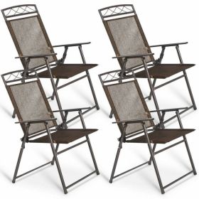 Set of 4 Patio Folding Sling Chairs Steel Camping Deck (Color: coffee)