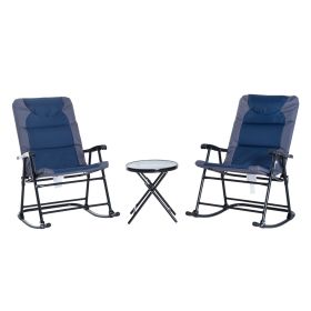 Outsunny 3 Piece Outdoor Patio Furniture Set with Glass Coffee Table & 2 Folding Padded Rocking Chairs, Bistro Style for Porch, Camping, Balcony (Color: as Pic)