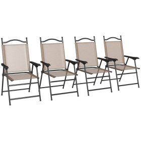 Outsunny Folding Patio Chairs, Set of 4 Sports Chairs for Adults, Camping Chairs with Armrests, Breathable Mesh Fabric Seat for Lawn, Brown (Color: as Pic)